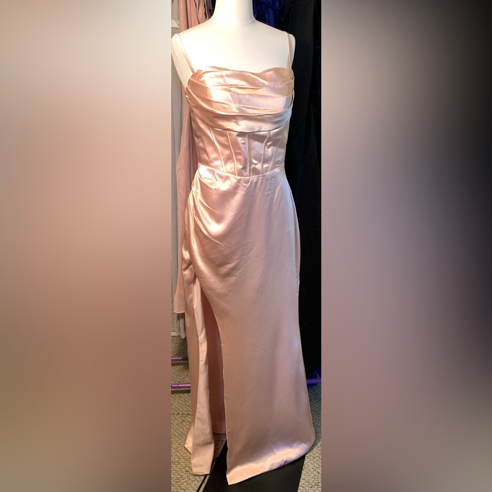 TinyStraps LtPink Gown ThighHi Slit FauxBoning Detail CorsetTies Lightweight